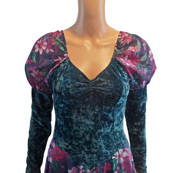 Vintage USA XS/S Velvet Mixed Media Floral Dress Whimsygoth Castlecore Fairy - Picture 3 of 12